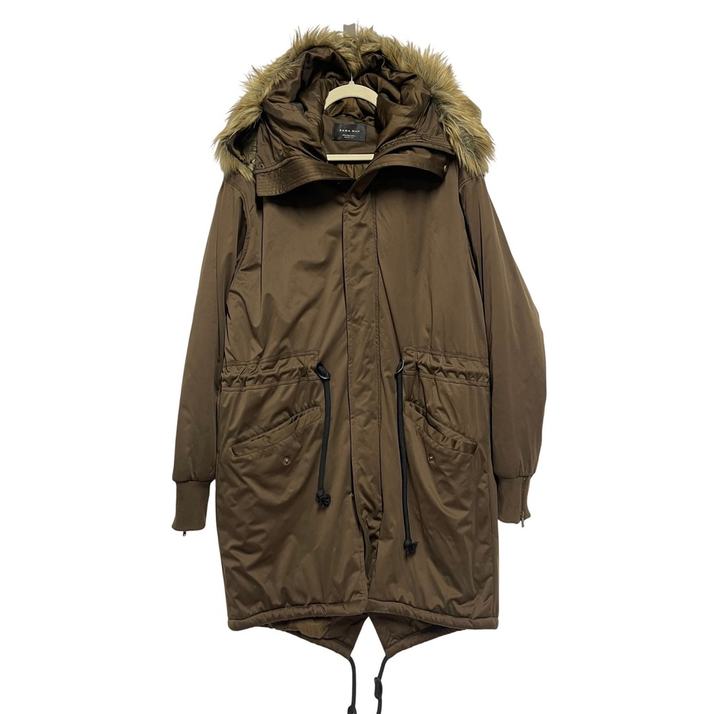 Zara Man Brown Faux Fur Hooded Parka‎ Jacket Size 42